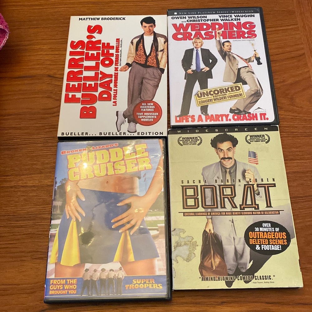 Wedding Crashers, Puddle Cruiser, Borat & Ferris Buehler’s Day Off DVDs